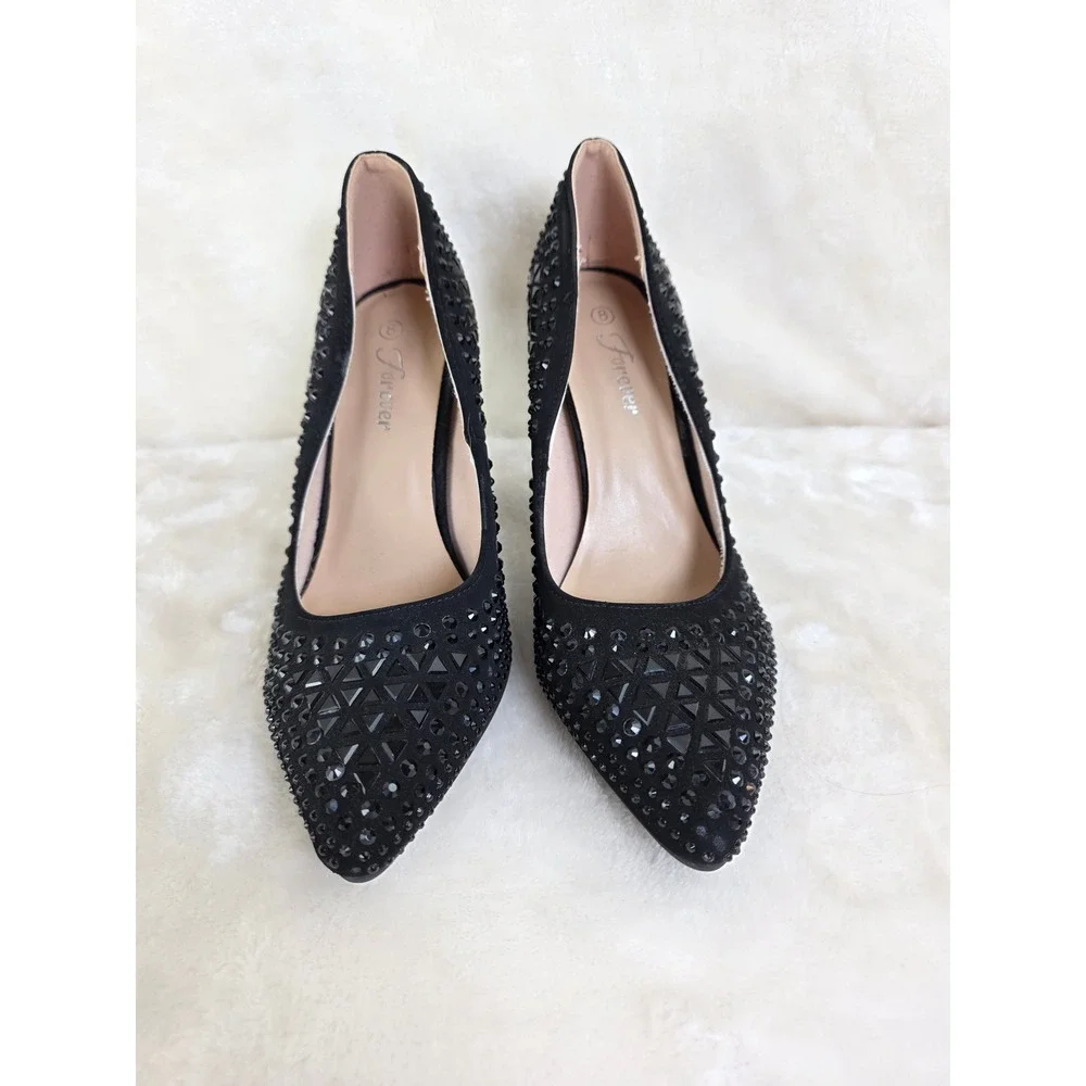 Forever Glamorous Black Rhinestone‎ Stiletto Heels Pointed Toe Pumps Size 8